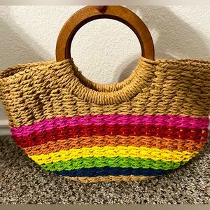 Rainbow straw purse with wood circle handles